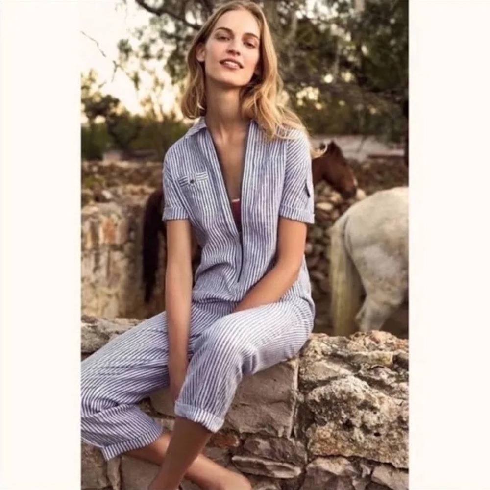 Anthropologie Blue and White Striped Jumpsuit